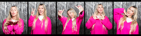 Aimee Kestenberg poses in series of photos a power pink sweater, film strip style, for her birthday