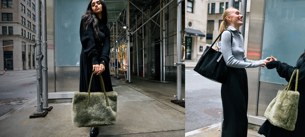 Image collage of two women meeting while carrying their Aimee Kestenberg Embrace Totes in black and kelp shearling.