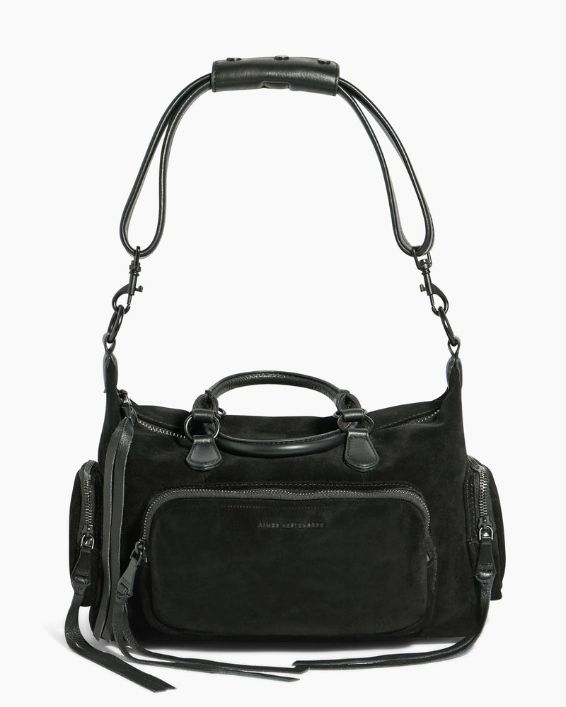 Away We Go Satchel Black Suede Aimee Kestenberg